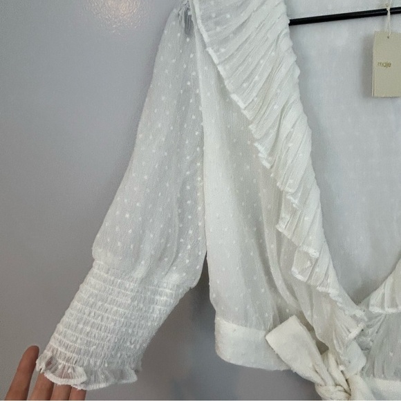 MWT Maje Plumeti Cropped White Wrap Ruffle V-neck Wrap Blouse Size 2 NEW - Picture 9 of 15